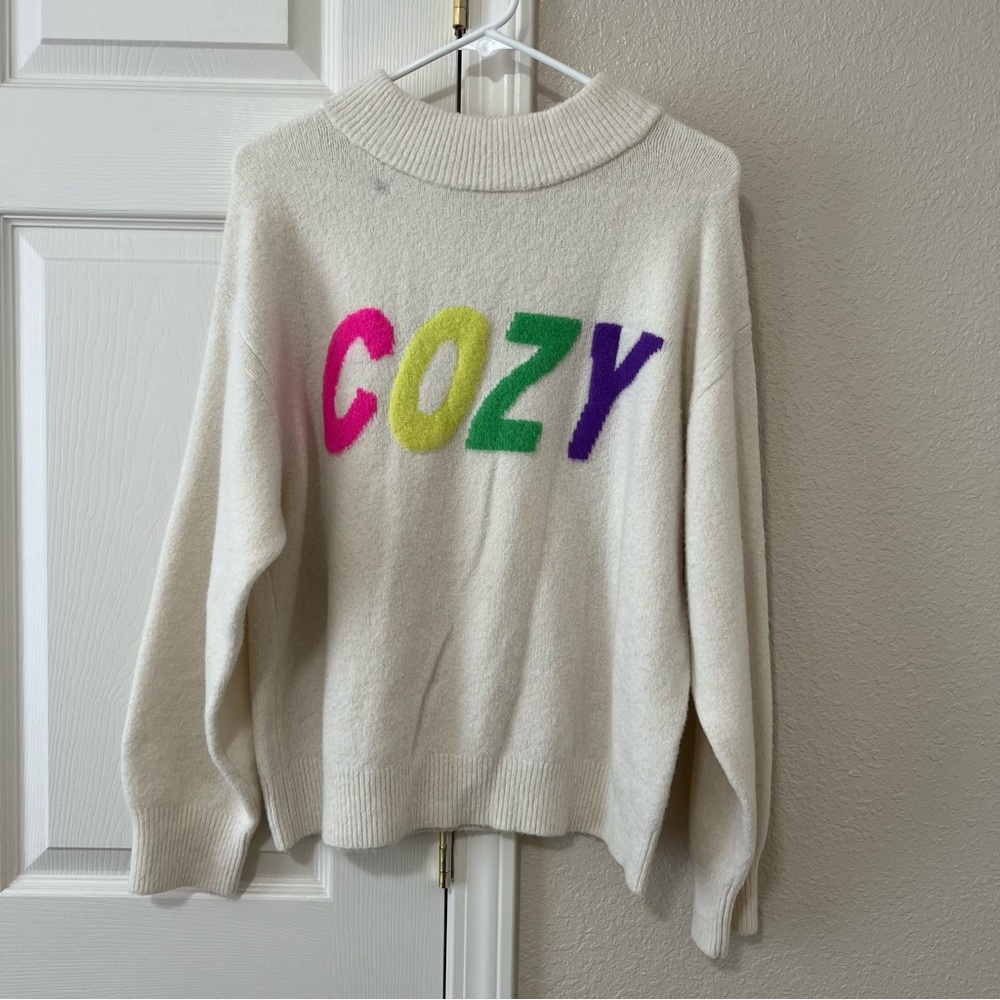 A New Day Cozy Graphic Mock Neck Sweater Cream Multicolor Size XL